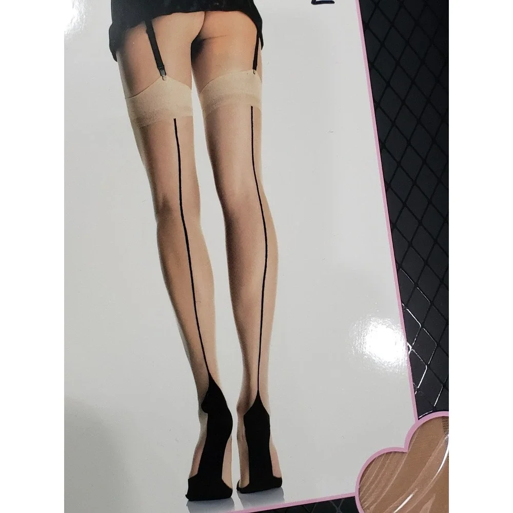 LOT 2 NEW Leg Avenue Backseam Stockings Cuban Heel One Sz 90-160lbs black beige